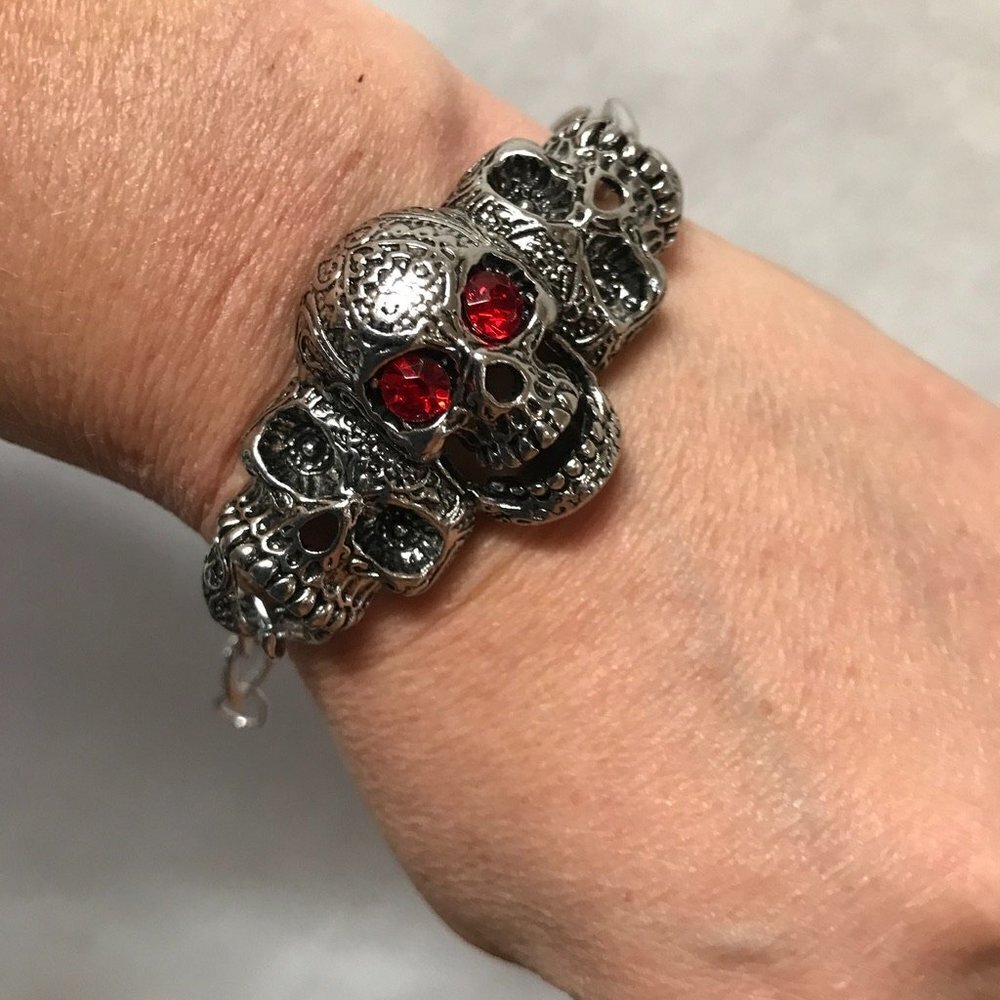 COPY - Skull  Bracelet Mens Biker Silver Rock Goth Moto Gothic Motorcycle Hallo… - Picture 4 of 6